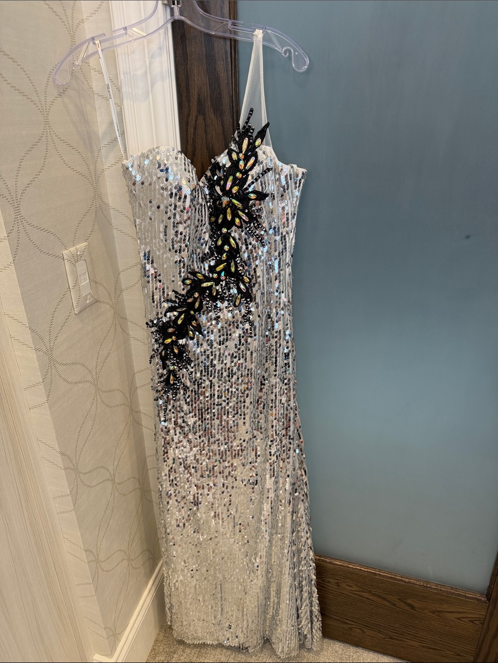 Tony Bowls Silver Sequin One-Shoulder Gown with Black Appliqué